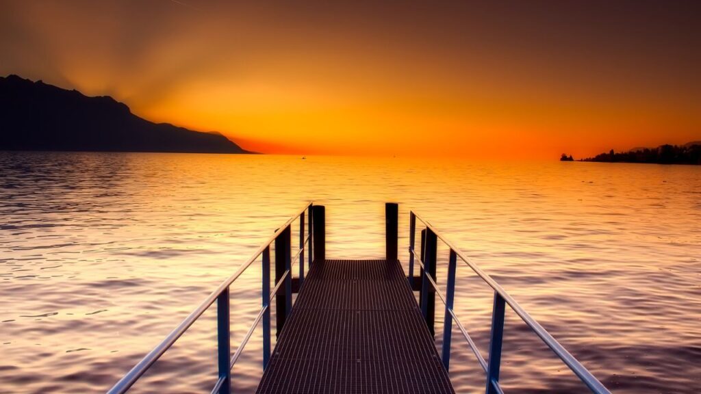 A metal dock extending into a calm lake at sunset with mountains in the distance.