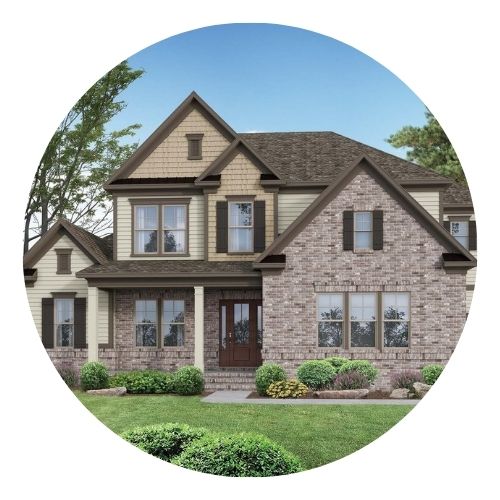 New construction-style home with mixed brick and siding exterior, brown trim, and neatly trimmed shrubs.
