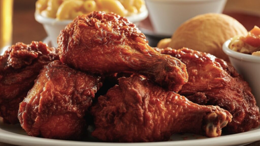 Plate of fried chicken with sides in the background.