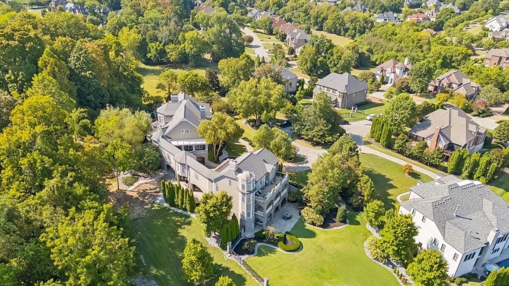 Aerial view of luxury homes surrounded by trees in Brentwood, Tennessee.